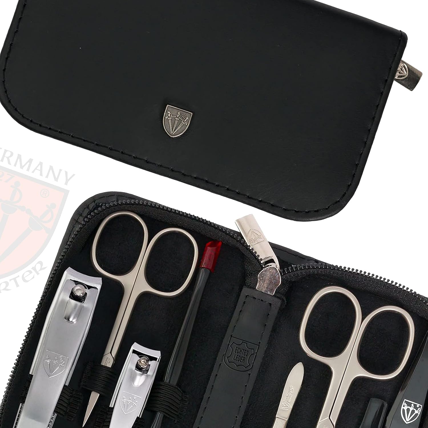 3 Swords Germany – brand quality 8 piece manicure pedicure grooming kit set for professional nail care with genuine leather case black - Made in Germany