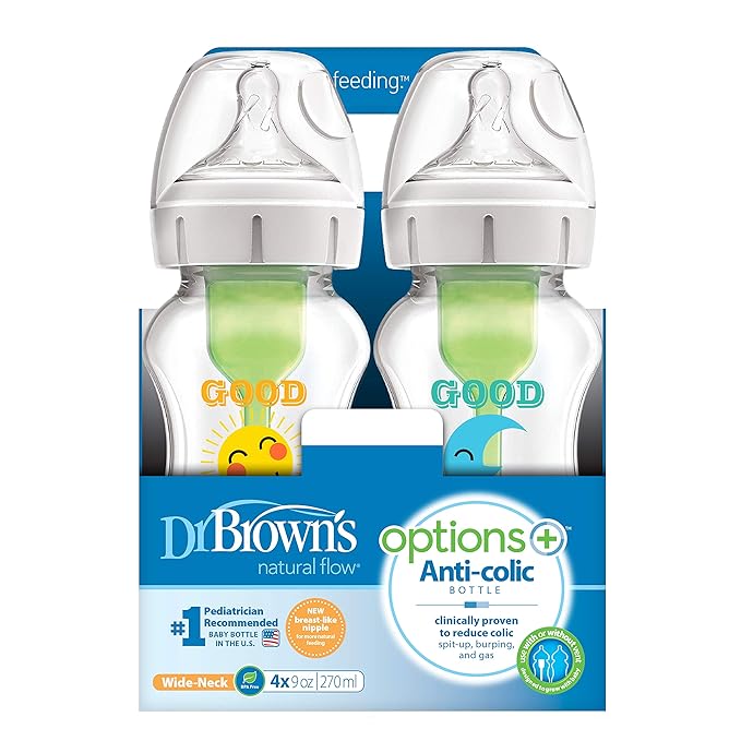 Dr. Brown's Natural Flow Anti-Colic Options+ Wide-Neck Baby Bottles, 9 oz/270 mL, with Level 1 Slow Flow Nipple, 4 Pack Good Morning/Good Night Gift Set-BubblyBeeBaby