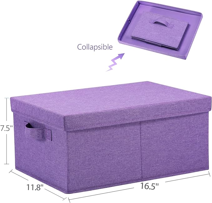 HOONEX Foldable Storage Bins with Lids, Pack of 2, Storage Boxes with 2 Carrying Handles and Sturdy Heavy Cardboard, 16.5" L x 11.8" W x 7.5" H for Shoes, Books, Clothes, Purple-BubblyBeeBaby