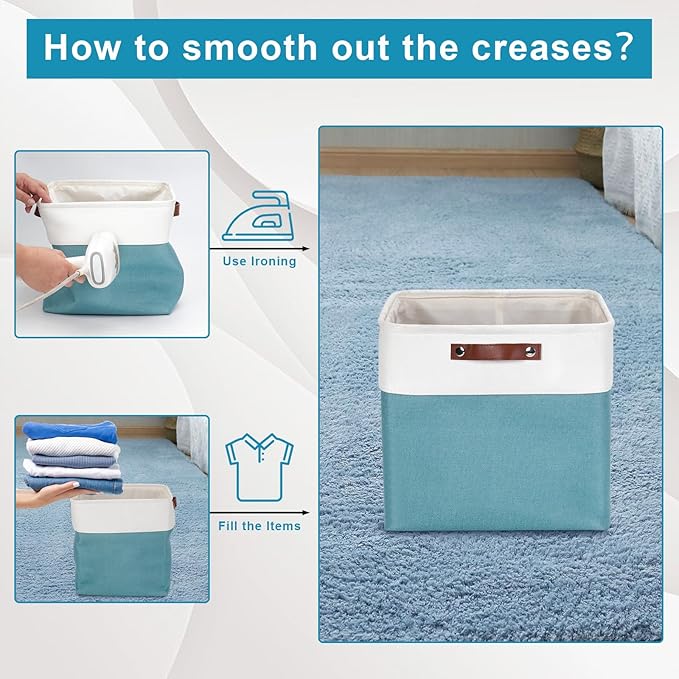 13x13 Cube Storage Bins, Collapsible Fabric Storage Box, 4 Pack Closet Baskets with Handles for Organizing, Shelf, Toys, Clothes, Home, Office, Nursery (Teal&White)-BubblyBeeBaby