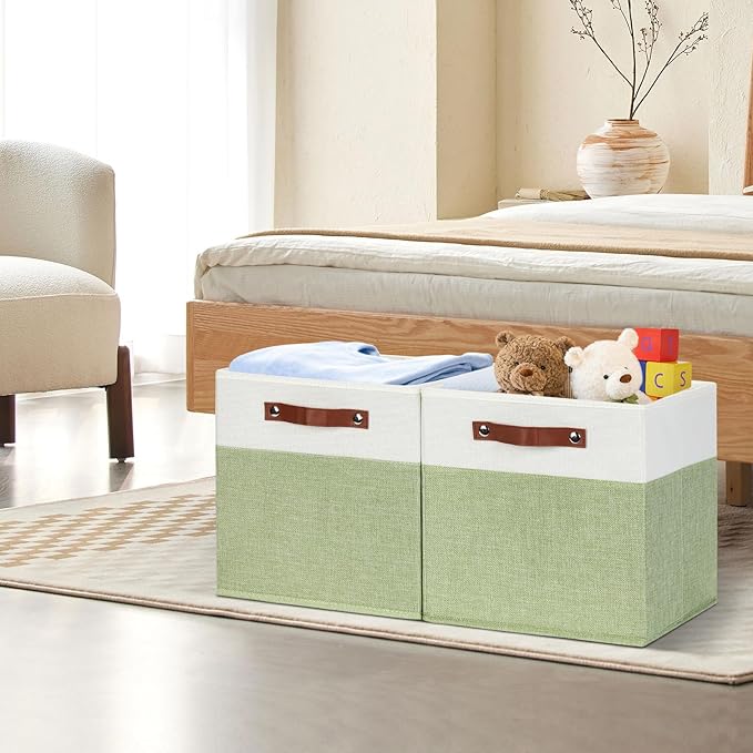 HNZIGE Fabric Storage Cubes for Shelves Set of 4 ,Storage Cubes Baskets 12 x12, Decorative Storage Bins Basket with Handles, Green Baskets for Organizing Home Nursery(Green White)-BubblyBeeBaby