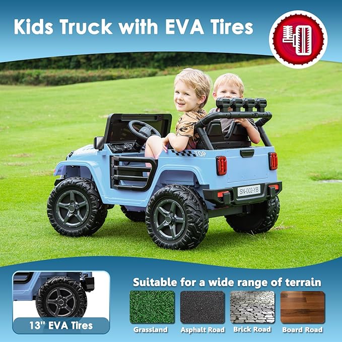 24V 2 Seater Ride On Truck with Remote Control 4WD Electric Car for Kids Ride On Car Battery Powered Ride On Toy Car with Music Player, LED Lights, Bluetooth, Rear Shock Absorber, Gray Blue-BubblyBeeBaby
