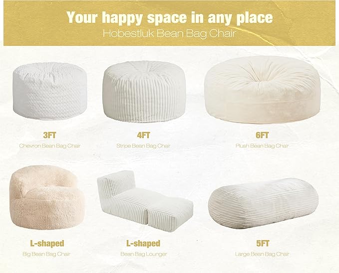 Hobestluk 5FT Bean Bag Chairs Adult Bean Bag with Portable Handle Comfy Large Bean Bag Lounge Chair with Removable Cover for Living Room Bedroom (Stripe White, 5FT)-BubblyBeeBaby