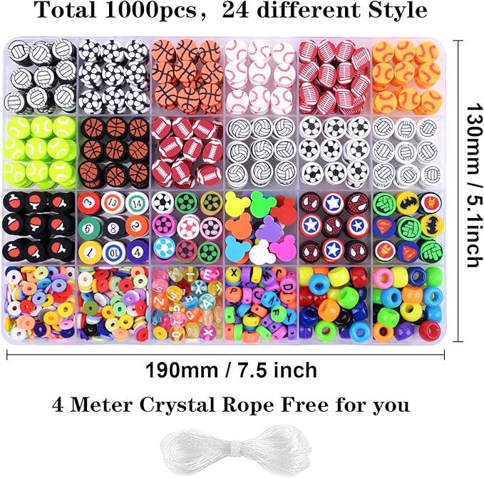 1000PCS Polymer Clay Beads Bracelet Making kit, 24 Style Cute Fun Beads Sports Ball Beads Volleyball Softball Baseball Basketball Soccer Rugby Football Charms for Jewelry Making DIY for Women Girls-BubblyBeeBaby