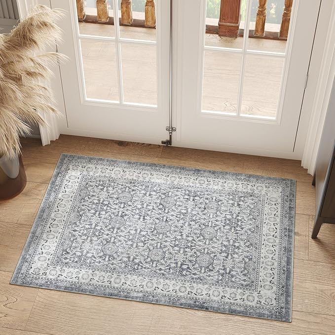 jinchan Floral 2x3 Rugs for Entryway - Machine Washable Grey Vintage Distressed Boho Design Soft Faux Wool Small Non-Slip Doormat for Entrance Kitchen Living Room Bedroom Farmhouse (2‘x3',Grey)-BubblyBeeBaby