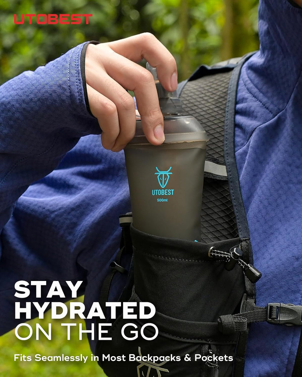 UTOBEST 500ml Soft Flask, 2 Pack Flexible TPU Hydration Water Bottle, Collapsible with 28mm Caliber for Running, Hiking, Cycling, Climbing, and Marathon Blue