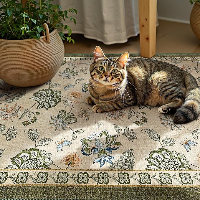 jinchan 3x5 Floral Rug for Entryway Washable Kitchen Rug Vintage Romance Design Small Mat Non Slip Indoor Doormat Lightweight Low-Profile Throw Carpet for Entrance Bathroom Laundry Room, Green/Beige-BubblyBeeBaby