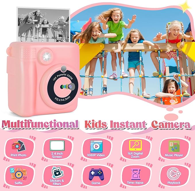 Instant Print Camera for Kids - 2.4 Inch Kids Camera Instant Print with Paper & 32G Card- Digital Children Toys as Christams Birthday Gifts for Girls Boys Age 3-12 - Pink-BubblyBeeBaby