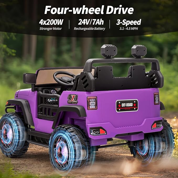 2 Seater Ride on Toy Car for Kids, 24V 4x4 Ride-on Truck Kids Electric Car w/Remote Control, 4x200W Motors - Purple-BubblyBeeBaby
