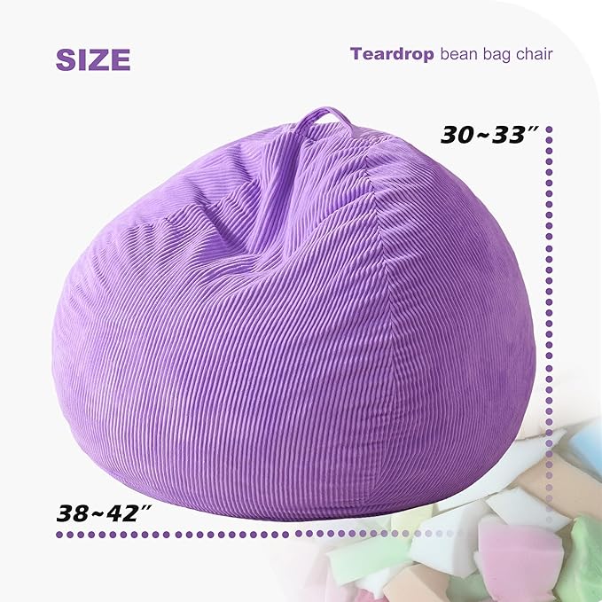 Homguava 3.5FT Bean Bag Chair: Teardrop Bean Bags with Memory Foam Filled, Compact Beanbag Chairs Soft Sofa with Corduroy Cover (Purple)-BubblyBeeBaby