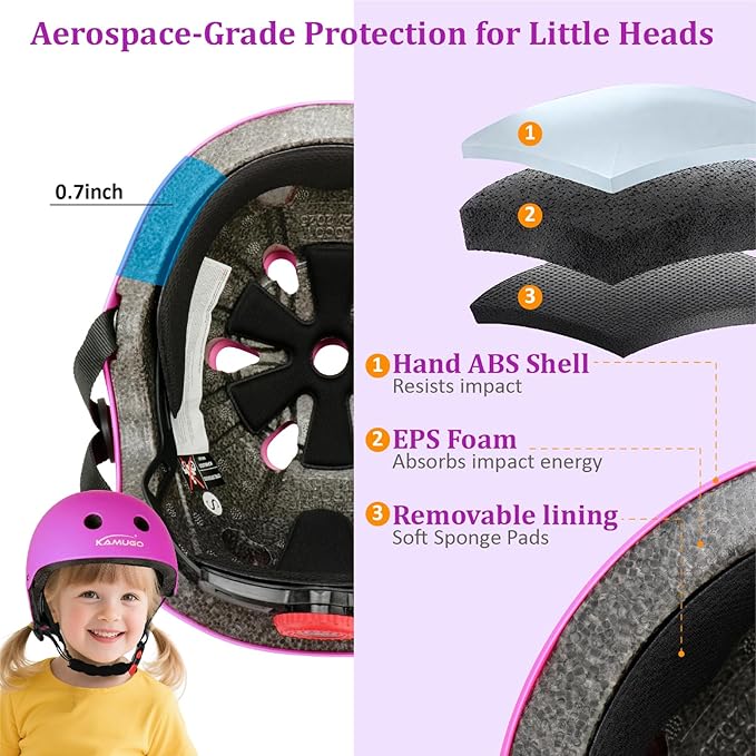KAMUGO Kids Adjustable Helmet, with Sports Protective Gear Set Knee Elbow Wrist Pads for Toddler Age 2-8 Boys Girls, Bike Skateboard Hoverboard Scooter Rollerblading Helmet Set-BubblyBeeBaby