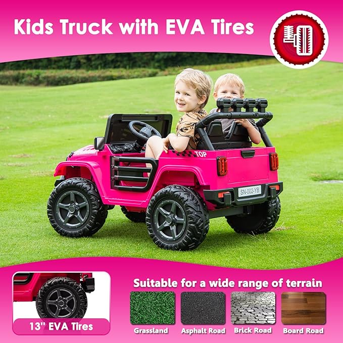 24V 2 Seater Ride On Truck with Remote Control 4WD Electric Car for Kids Ride On Car Battery Powered Ride On Toy Car with Music Player, LED Lights, Bluetooth, Rear Shock Absorber, Hot Pink-BubblyBeeBaby