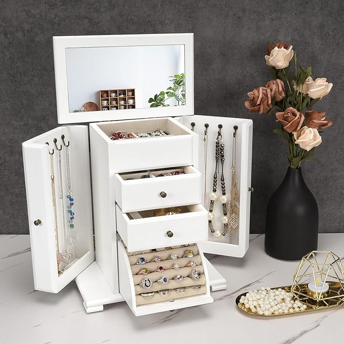 Jewelry Box for Women, Rustic Wooden Jewelry Boxes & Organizers with Mirror, 4 Layer Jewelry Organizer Box Display for Rings Earrings Necklaces Bracelets (Weathered White)-BubblyBeeBaby