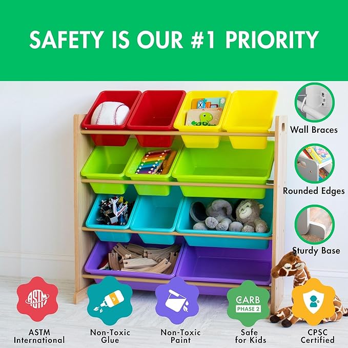 Humble Crew Kids Toy Storage Organizer with 12 Plastic Bins, Natural Wood/Rainbow – Removable Bins for Playroom, Bedroom, Toddler Furniture for Boys and Girls Ages-BubblyBeeBaby