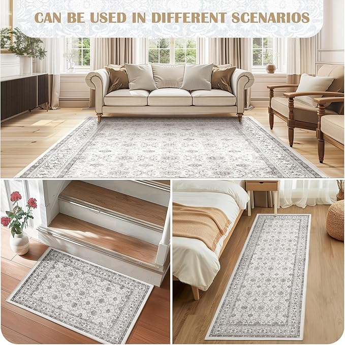 jinchan Floral 2x3 Rugs for Entryway - Machine Washable Beige Vintage Distressed Boho Design Soft Faux Wool Small Non-Slip Doormat for Entrance Kitchen Living Room Bedroom Farmhouse (2‘x3',Beige)-BubblyBeeBaby