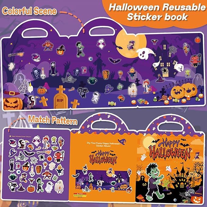 2 Set Halloween Reusable Sticker Books for Toddlers 3+, Halloween Stickers for Kids, Sticker Book for Toddlers 3+ Years, Halloweens Gifts for Kids Girls Boys-BubblyBeeBaby