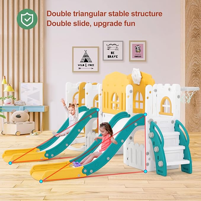 JOYLDIAS 10 in 1 Toddler Slide, Double Kid Climber Slide Playset w/Swing, Basketball Hoop, Telescope, Tunnel, Storage Space and Non-Slip Steps, Indoor Outdoor Backyard Playground Toy for Toddlers-BubblyBeeBaby