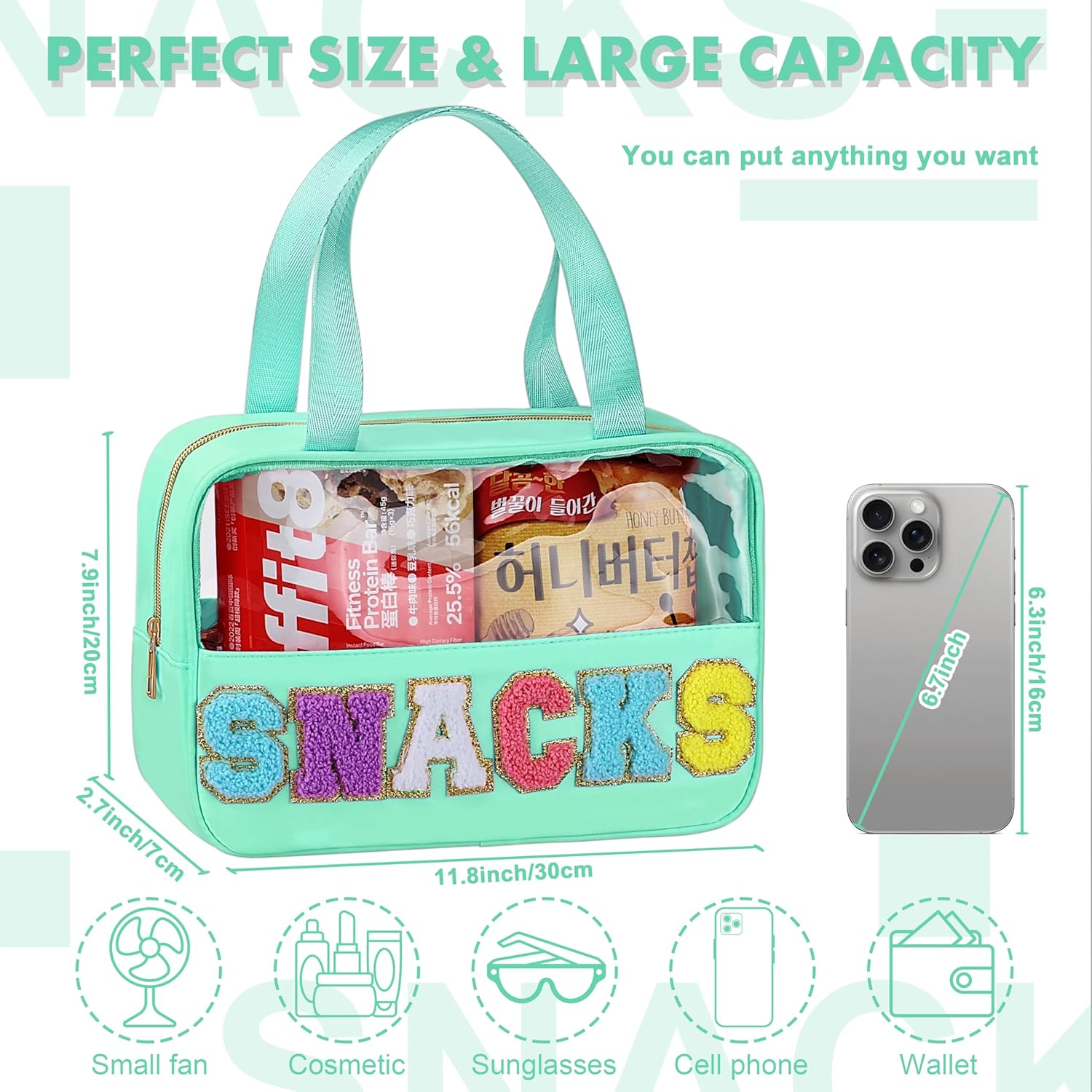 Snack Bag for Travel - Chenille Letter Clear Makeup Bag, Large Preppy Patch Snack Cosmetic Bag with Handle and Zipper, Cute Makeup Pouch Nylon&PVC Waterproof Toiletry Organizer Storage for Women Girls