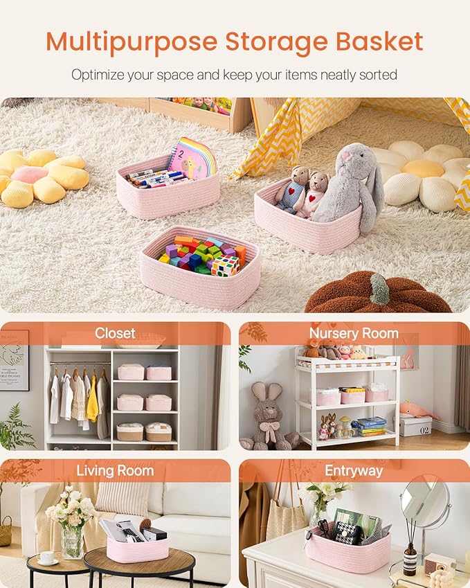 KALLAX Small Woven Basket, 13.5 x 9.5 x 5 Inches, Storage Basket for Organizing, Cute Small Rope Shelf Closet Cube Storage Bins Baskets for Shelves, Dog Toy Gift Baskets Empty, 3 Pack Light Pink-BubblyBeeBaby