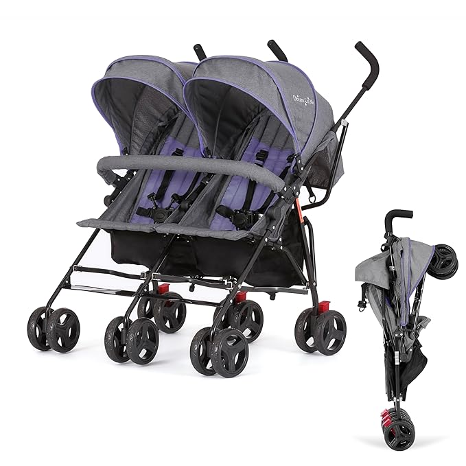 Dream On Me Volgo Twin Umbrella Stroller in Purple, Lightweight Double Stroller for Infant & Toddler, Compact Easy Fold, Large Storage Basket, Large and Adjustable Canopy-BubblyBeeBaby