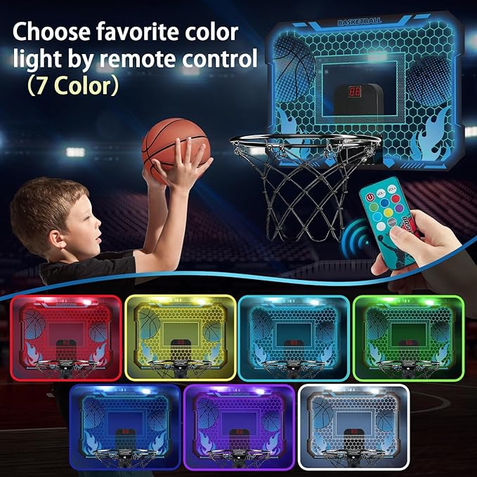 Indoor Basketball Hoop for Kids with Led Lights Mini Basketball Hoop with Remote Control Over The Door Basketball Hoops with Scoreboard Basketball Toys for 4-12 Year Old Boys Girls-BubblyBeeBaby
