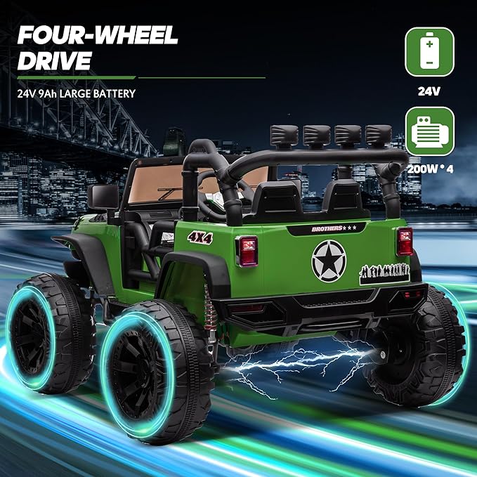 24V 9Ah Ride on Toy for Big Kids, 4x4 2 Seater Ride on Car Truck w/Remote Control, 4x200W Motors - Green-BubblyBeeBaby