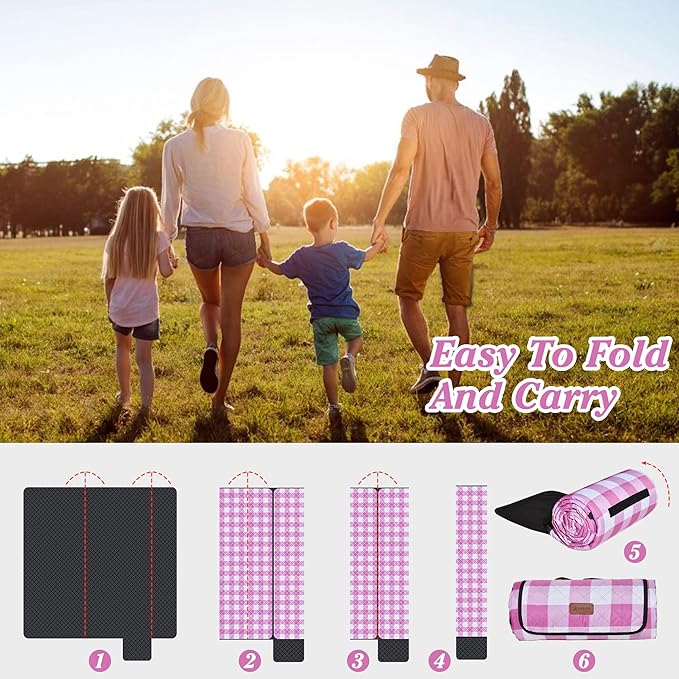 HX&OD Outdoor Picnic Blanket, Extra Large, 80''x60'' Waterproof Foldable Blankets Gingham Picnic Mat for Beach, Camping Grass Lawn Park Accessories Cute Couple Ideas Wedding (Pink, 80”x60”)-BubblyBeeBaby