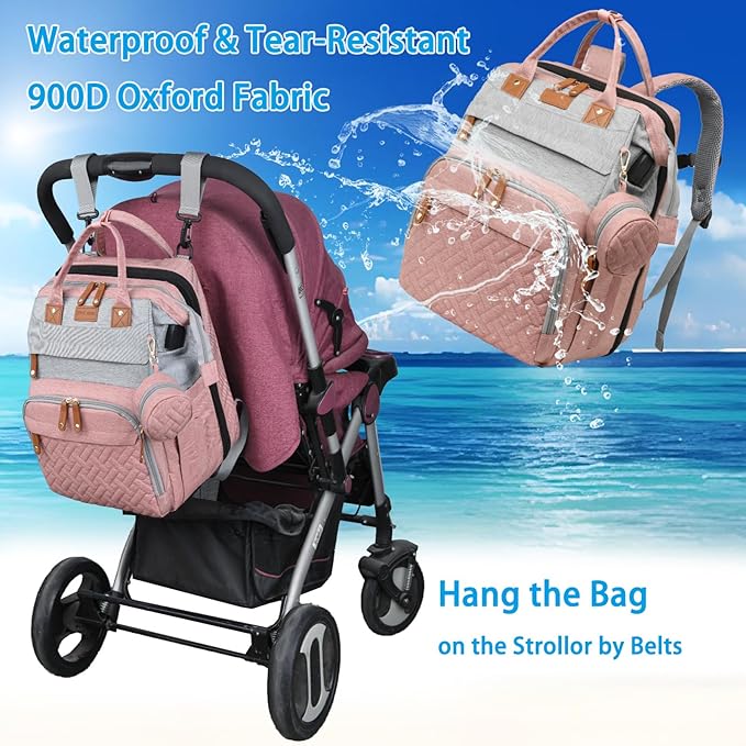 Jeryswet Baby Diaper Bags with Changing Station, Waterproof Large Capacity Diaper Bag Backpack for Moms Dads with USB Charging Port and Stroller Straps, Baby Shower Gifts, Pink-Grey-BubblyBeeBaby