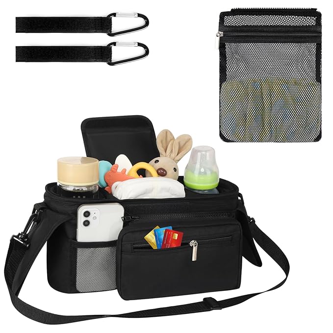 Accmor Universal Stroller Organizer with Insulated Cup Holder Detachable Phone Bag and Shoulder Strap,Stroller Bag Caddy Organizer Fits for Uppababy, Baby Jogger, Britax Strollers-BubblyBeeBaby