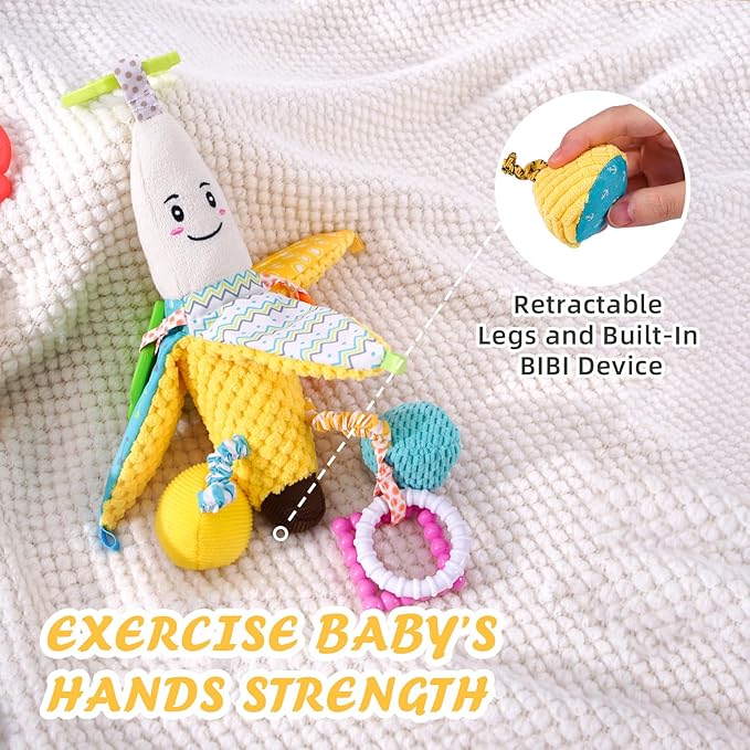 Jollybaby Stroller Rattle Toys for Car Seat Parm, Fruit Plush Hanging Infant Crib Bed Travel Activity Ring Bell with Crinkle, Squeaky & Teether for Boys Girls(Banana)-BubblyBeeBaby