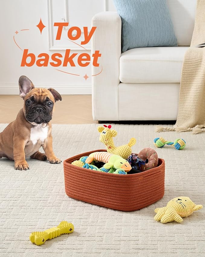 KALLAX Small Woven Basket, 13.5 x 9.5 x 5 Inches, Storage Basket for Organizing, Cute Small Rope Shelf Closet Cube Storage Bins Baskets for Shelves, Dog Toy Gift Baskets Empty, 3 Pack Rust Red-BubblyBeeBaby