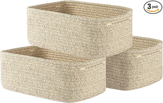 KALLAX Small Woven Basket, 13.5 x 9.5 x 5 Inches, Storage Basket for Organizing, Cute Small Rope Shelf Closet Cube Storage Bins Baskets for Shelves, Dog Toy Gift Baskets Empty, 3 Packs, Mixed Brown-BubblyBeeBaby