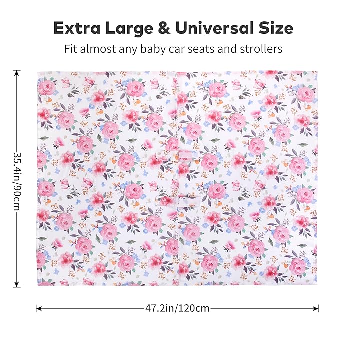 Rquite Muslin Car Seat Cover Baby, Carseat Covers Baby Girl Boy, Breathable Lightweight Infant Car Seat Cover, Baby Carrier Cover Car Seat Canopy Stroller Sun Shade for Summer & Hot Day, Universal Fit-BubblyBeeBaby