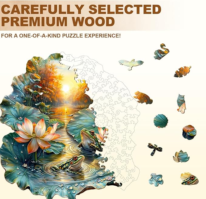 Jigfoxy Wooden Puzzles for Adults, Lotus Wood Puzzles Adult, Unique Animal Shape Wooden Jigsaw Puzzles for Adults, Birthday Gifts for Puzzle Lovers, Family, Friend (S-8.5 * 7.9in-100pcs)-BubblyBeeBaby