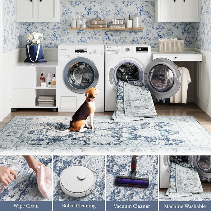 jinchan Runner Rug 2x6 Washable Hallway Runner - Vintage Floral Non Slip Low-Pile Soft Thin Kitchen Rug Distressed Carpet for Farmhouse Bedroom Entryway Laundry Room(2x6ft,Dark Blue)-BubblyBeeBaby