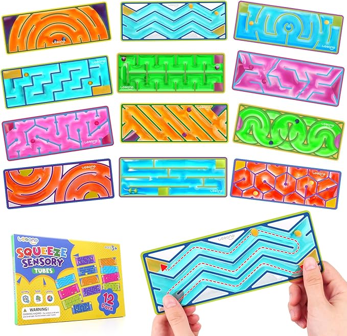 12-Pack Sensory Maze Fidget Toys for Kids & Adults: Quiet Squishy Calming Tools for Autism Children - Anxiety Fidgets for Travel & Office - Classroom Must Haves & Treasure Rewards Party Favors-BubblyBeeBaby