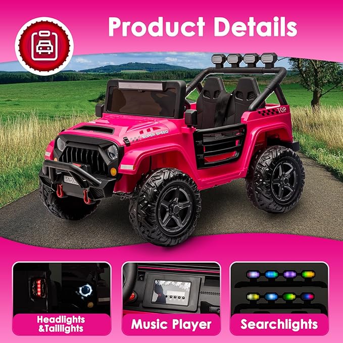 24V 2 Seater Ride On Truck with Remote Control 4WD Electric Car for Kids Ride On Car Battery Powered Ride On Toy Car with Music Player, LED Lights, Bluetooth, Rear Shock Absorber, Hot Pink-BubblyBeeBaby