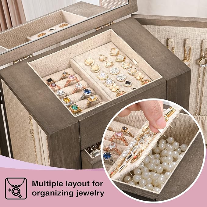 Jewelry Box for Women, 5 Layer Large Wood Jewelry Boxes & Organizers for Necklaces Earrings Rings Bracelets, Rustic Jewelry Organizer Box with Drawers and Mirror(Weathered Gray)-BubblyBeeBaby
