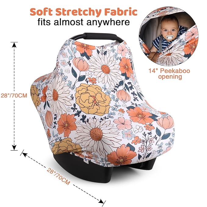 Rquite All-in-1 Car Seat Cover Baby, Carseat Covers for Girl Boy, Stretchy Soft Infant Car Seat Cover, Multi-use Baby Carrier Cover, Car Seat Canopy, Stroller Sun Shade, Nursing Breastfeeding Cover-BubblyBeeBaby