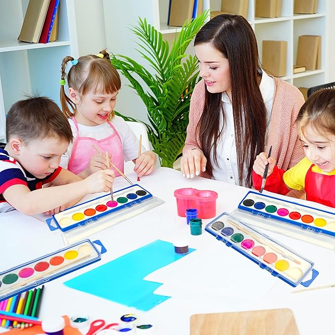 24 Pack Watercolor Paint Set for Kids - 8 Washable,Bright Colors with Paintbrush Watercolor Paint Bulk for Kids Party Favors,Classrooms Supplies,Art Lessons-BubblyBeeBaby