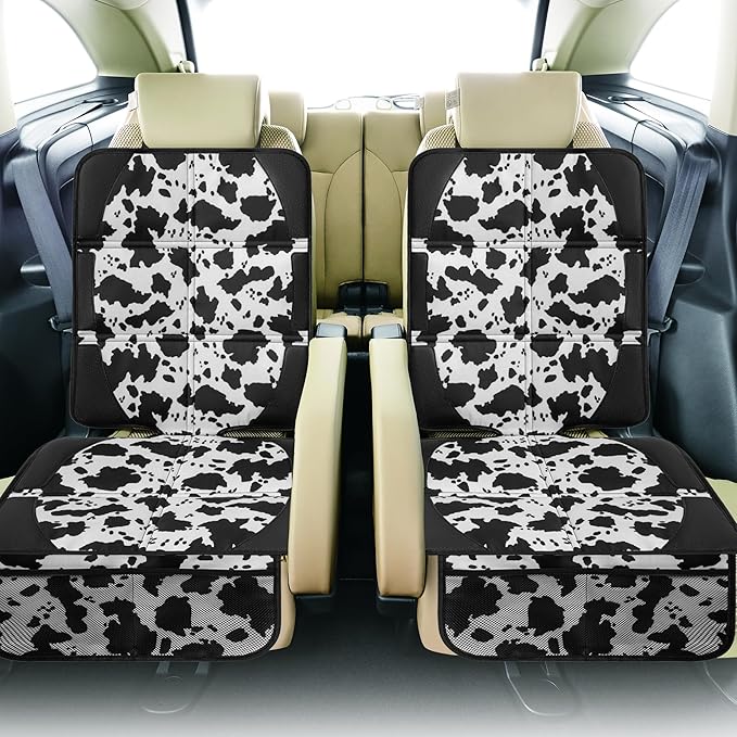 Car Seat Protector for Child Car Seat, 2 Pack Baby Car Seat Covers with Mesh Pockets & Non-Slip Backing 600D Durable Seat Protector Under Baby Car Seat for Car Back Seat (Cow Print, Large)-BubblyBeeBaby