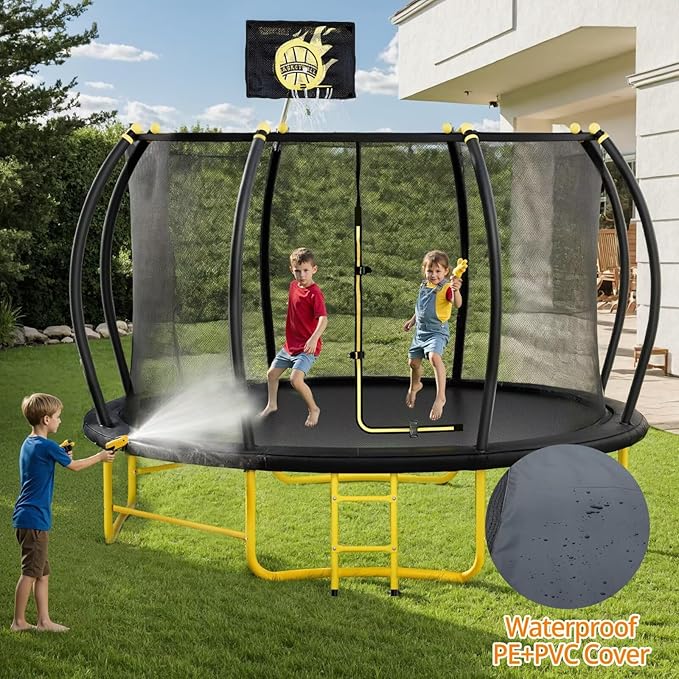 14FT Pumpkin Trampoline with Basketball Hoop, Balance Bar and Enclosure Net, Outdoor Trampoline for Kids and Adults, Capacity 880 lbs-BubblyBeeBaby