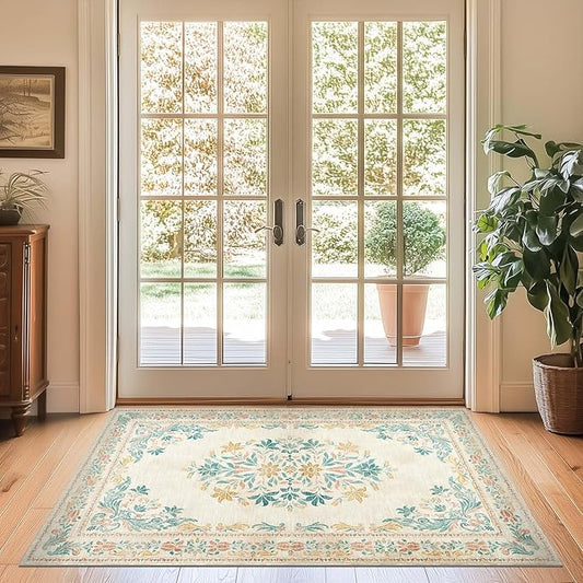 jinchan Vintage Floral 3x5 Area Rugs for Entryway - Machine Washable Distressed Design Ultra-Thin Low-Pile Soft Non-Shedding Carpet for Kitchen Bedroom Laundry Living Room (3x5ft,Apricot Multi)-BubblyBeeBaby