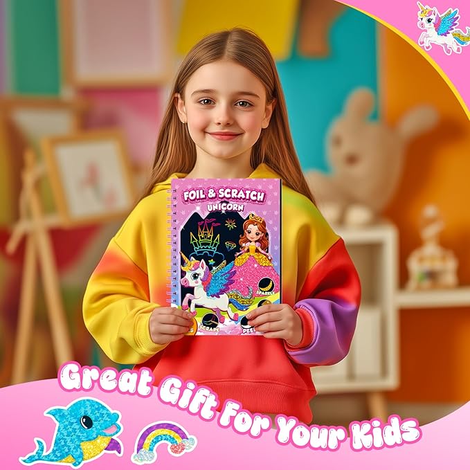 homicozy Art & Craft Activity for Kids: Foil Fun Unicorns and Princess & Scratch Art Book 2-in-1,No Mess Art Crafts for Girls,DIY Creative Activity Kit,Gifts for Girls Ages 4,5,6,7,8,9, Travel Toys-BubblyBeeBaby