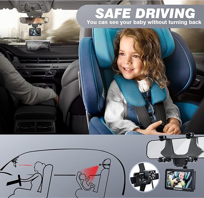 Baby Mirror for Car, ATOROBROS Baby Car Camera for Rear-Facing Seat with 4.3'' HD Display, Upgrade 360° Rearview Mirror Display Bracket, Easy and Safe to See Baby while Driving-BubblyBeeBaby