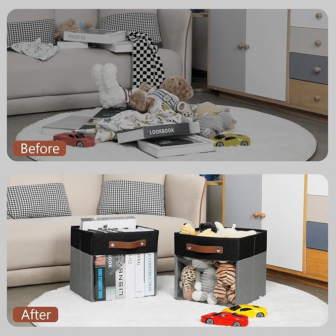 HNZIGE Cube Storage Bins 11 x 11, Fabric Cubes Storage Bins 11x11 Clear Storage Organizer,Canvas Storage Bin for Cube Storage, Cubby Collapsible Organizer Bin for Organizing Home(Gray Black 6PCS)-BubblyBeeBaby