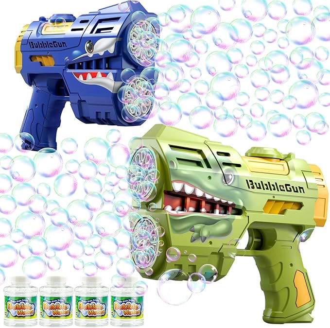 2 Pack Bubble Guns with 4 Bottles Refill Solution, LED Light Up Rechargeable Bubbles Machine Blower for Kids Toddlers 4-8, Outdoor Toys Gifts, Wedding Easter Party-BubblyBeeBaby