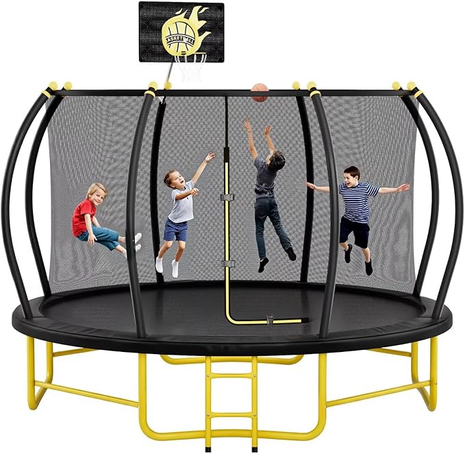 14FT Pumpkin Trampoline with Basketball Hoop, Balance Bar and Enclosure Net, Outdoor Trampoline for Kids and Adults, Capacity 880 lbs-BubblyBeeBaby