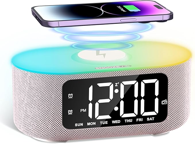 JALL Fabric Alarm Clock for Bedroom, with Big Led Screen Display, Bluetooth Stereo Sound Speaker, FM Radio, Fast Wireless Charging, USB Charging Port, Nightlight, White Noise, Ideal for Gift, Pink-BubblyBeeBaby