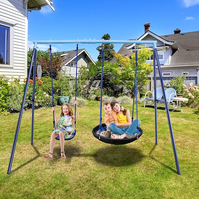 2 Seat Swing Set for Backyard - Metal A-Frame Holds 440 lbs, 1 Adjustable Saucer Swing and 1 u-Shape Swing - Suitable for Kids 3-8 Years-BubblyBeeBaby